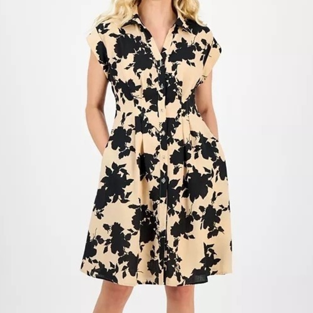 Julia Jordan Spread Collar Button Front Dress Black Tan Floral Womens Size 2
